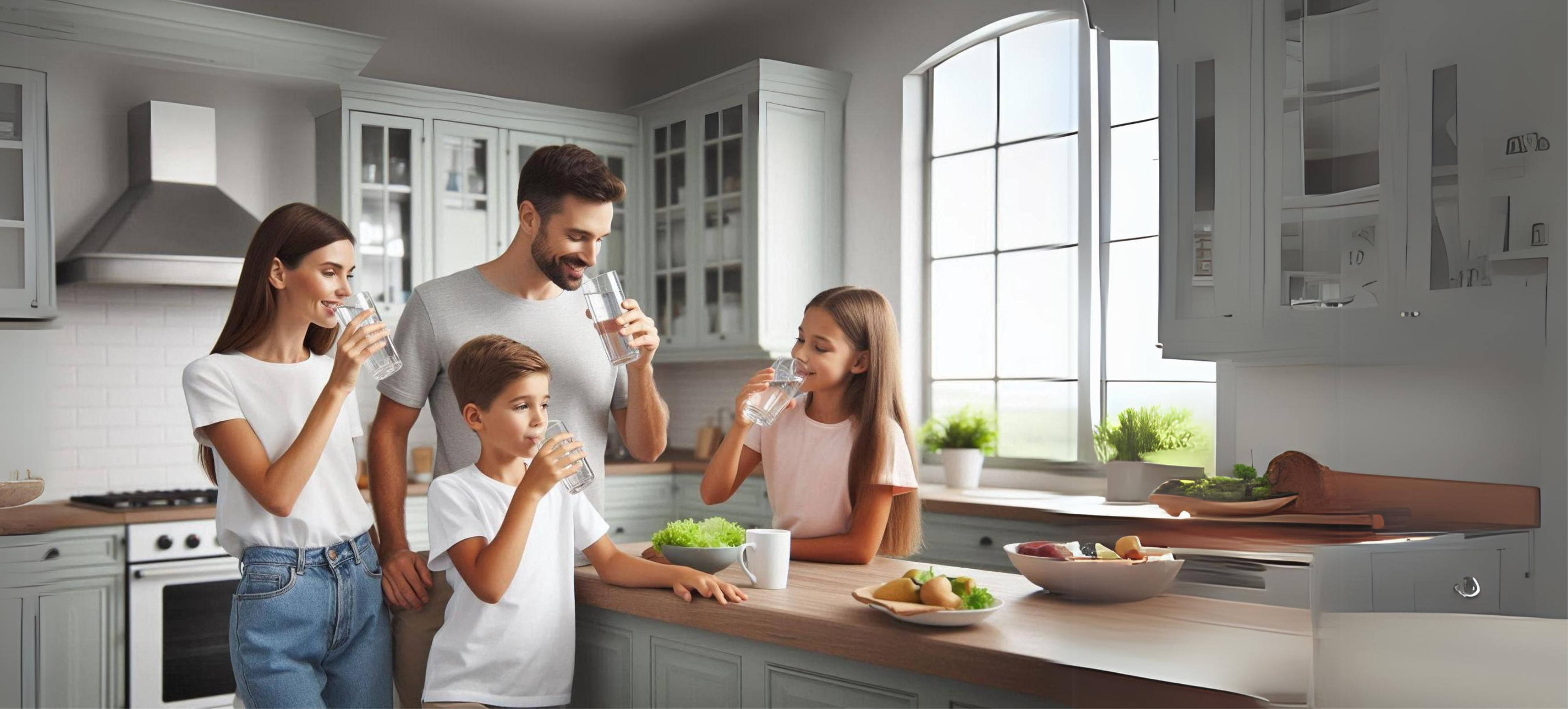 Foto de una familia reunida en el area de la cocina tomando agua