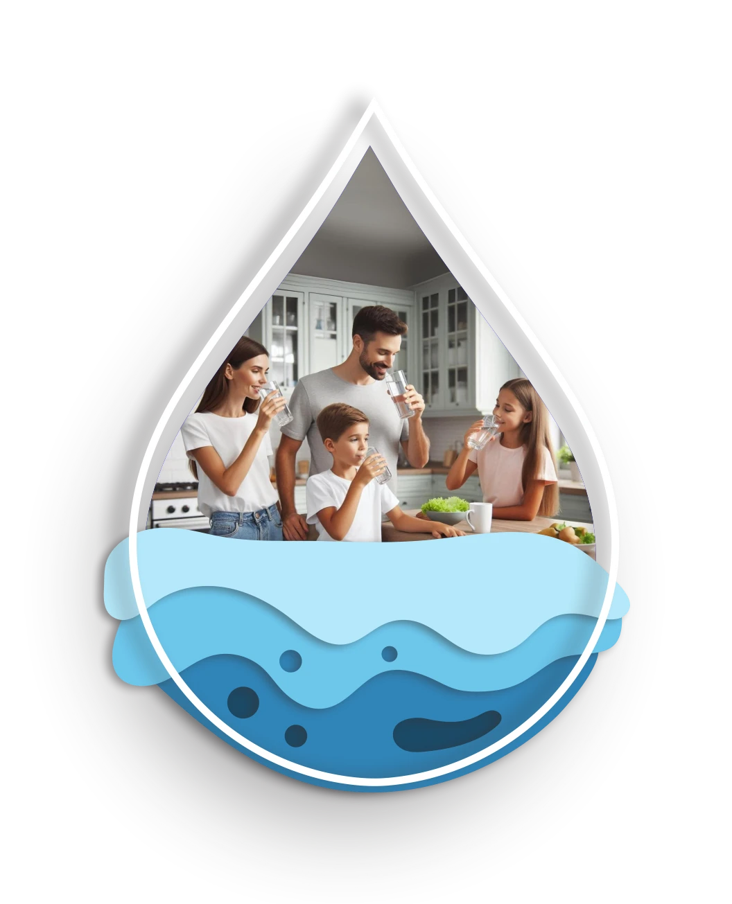 Imagen de una familia tomando dentro de un marco de gota.